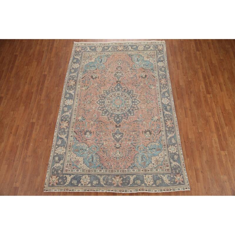 Hand Knotted Oriental 100% Wool Carpet Traditional Floral Pink Tabriz Area Rug - 9' 5'' X 6' 4''
