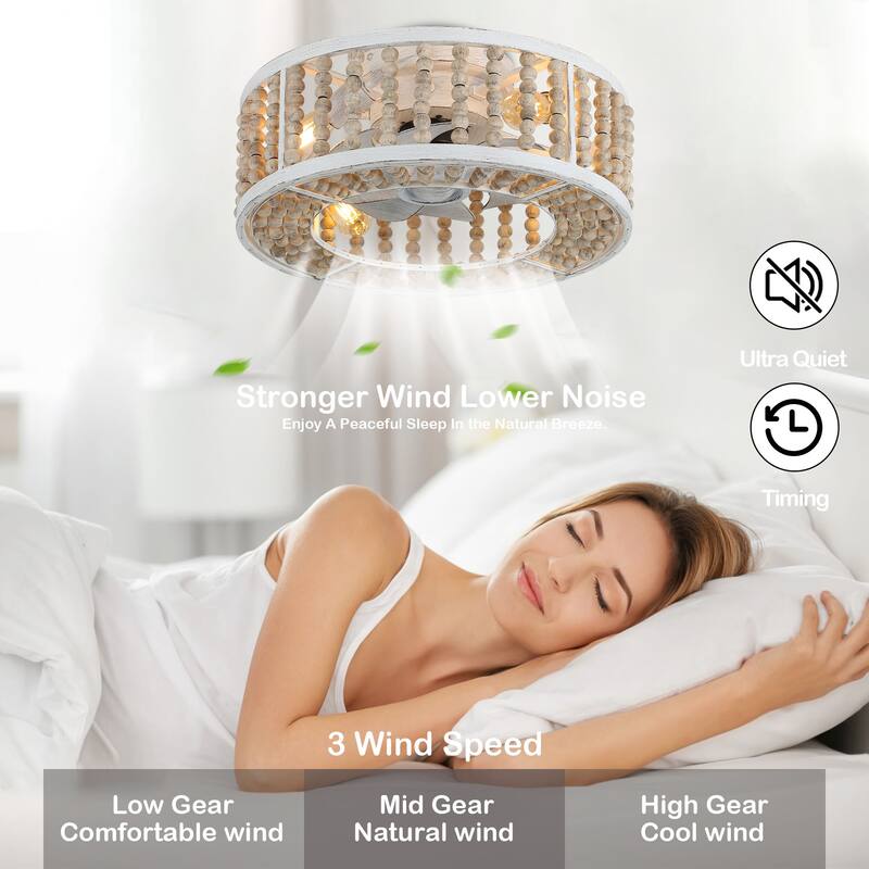18" Oaks Aura Boho Farmhouse Flush Mount Ceiling Fan with Lights and Remote, Distressed White Wood Beaded, 4-Light, 3-Speed
