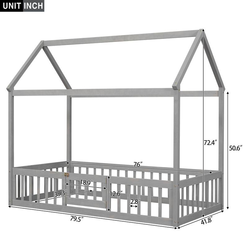 Twin Size Pine Wood House Bed with Fence, Door, and Solid Construction