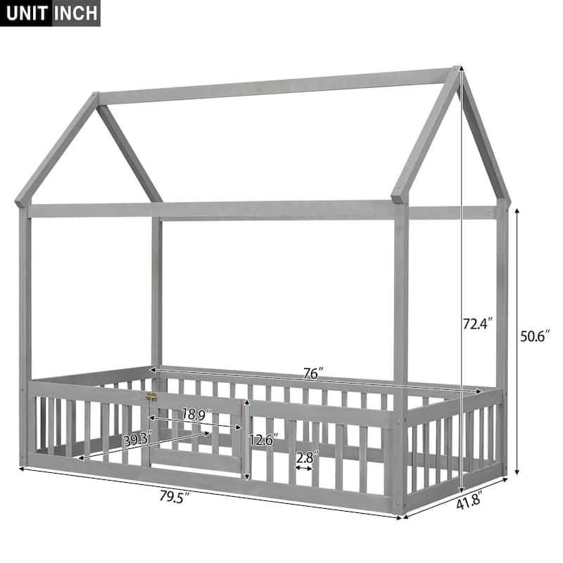 Wooden House Bed with Fence and Door