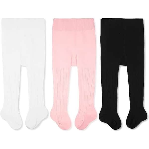 slide 2 of 5, CozyWay Cable Knit Cotton Leggings, 3 pair, pink/black/white