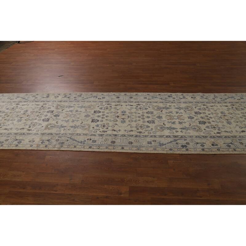Vegetable Dye Beige Oushak Turkish Runner Rug Hand-Knotted Wool Carpet - 3'2" x 11'10"