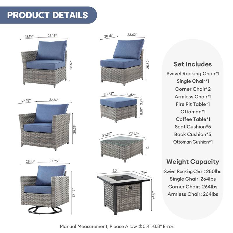 XIZZI 8-piece Outdoor Furniture Wicker Sofa Set with Fire Pit