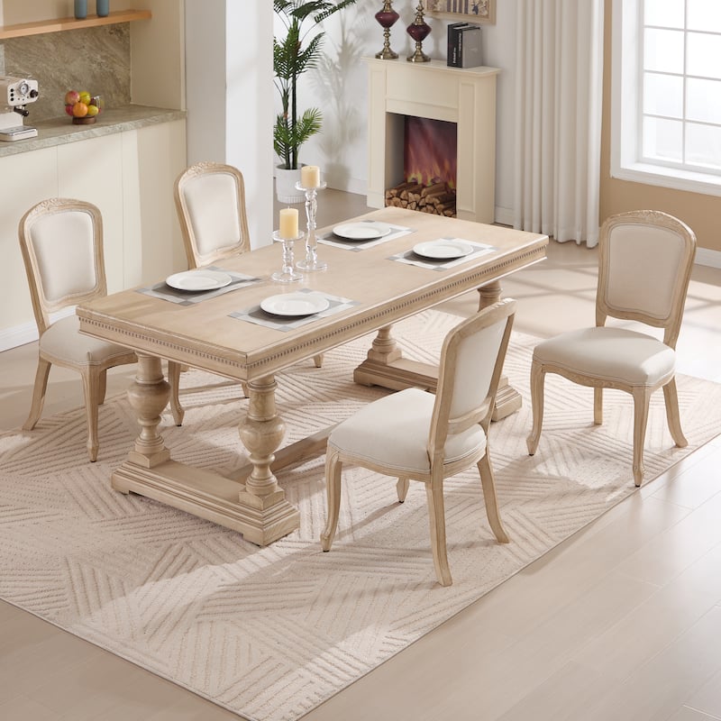 Cotton Linen Dining Chairs Set of 2, Upholstered Armless Side Chair, Kitchen Chairs with Fan-Shaped Back & Solid Wood Legs