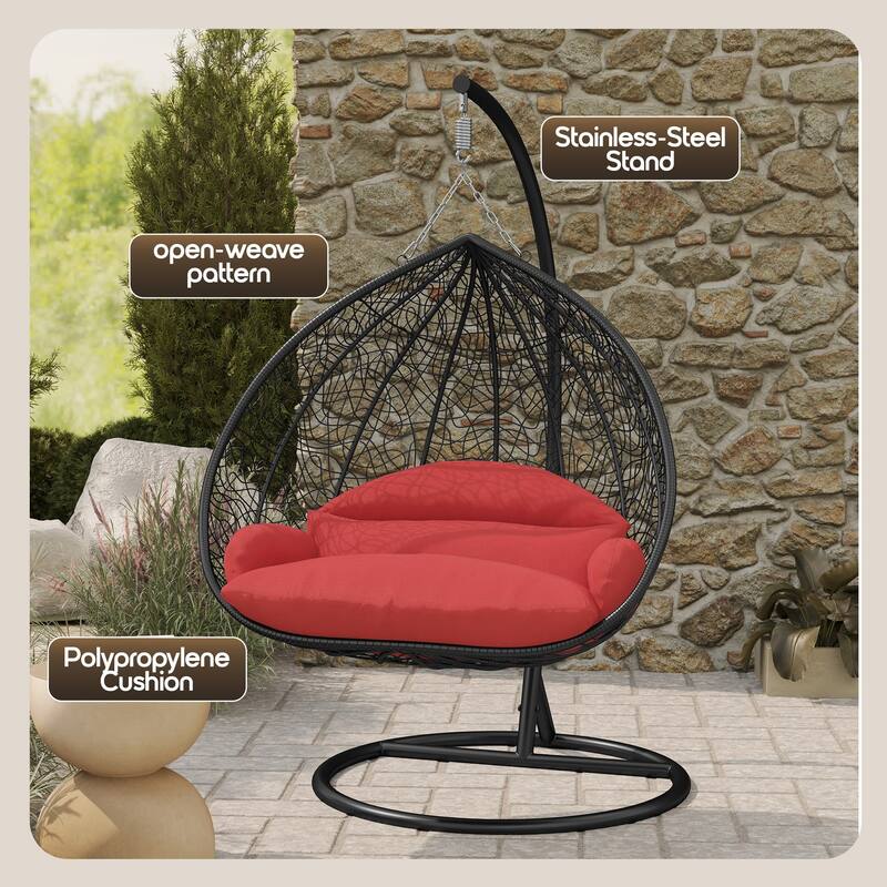 2-Person Outdoor Hanging Egg Chair with Teardrop Frame, Weather-Resistant Cotton Cushioned Seat for Patio and Indoor Use