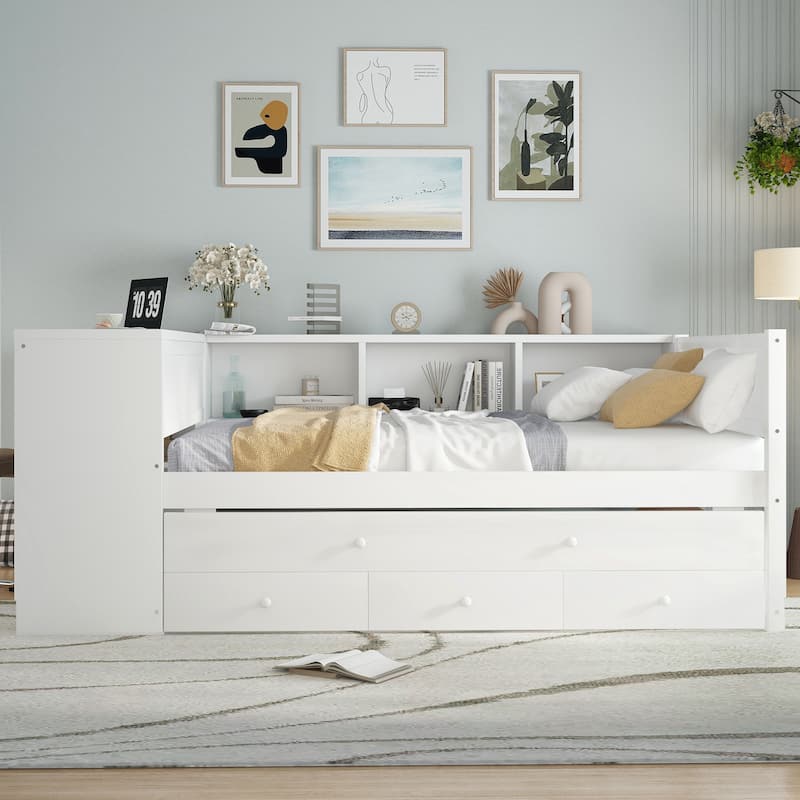 Full Size Wood Daybed with Trundle, Storage Drawers, Side Shelves, and Desk, White
