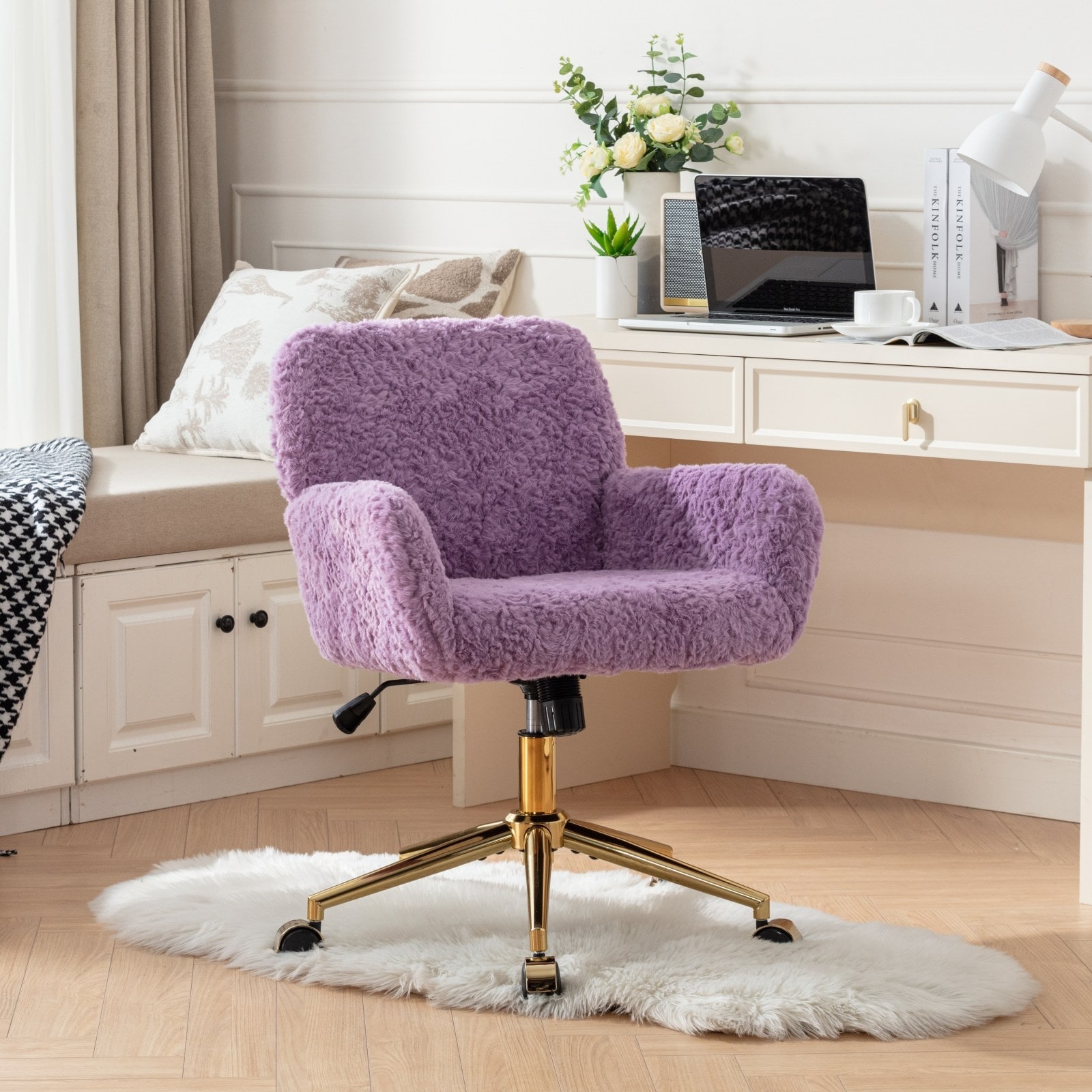 Featured Upholstered Study Chair Office Chair, Armchair Violet Home Computer Chair Swivel Chair with Casters