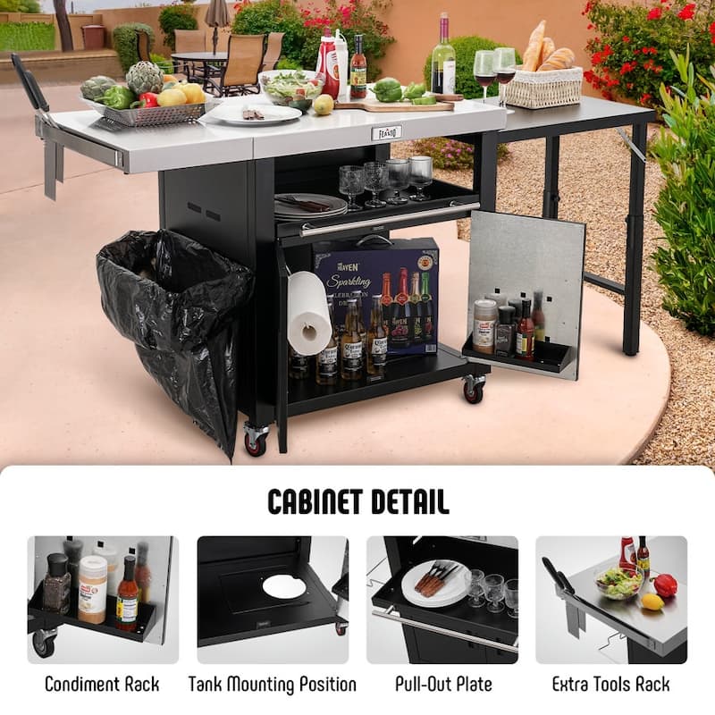 Feasto Grill Table, Outdoor Kitchen Island With 2 Foldable Side Tables, Stainless Steel Top For Outdoor Kitchen Cabinets