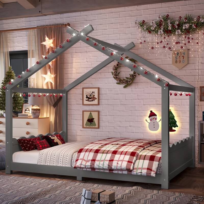 Roomfitters House Floor Bed with Support Slats, Solid Wood Open Frame Design