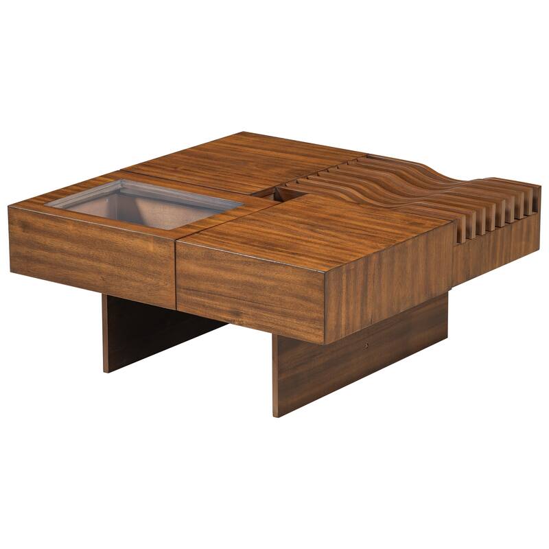 Mid Century Coffee Table with 3 Drawers, 33" Square Wooden Center Table Tea Table with Solid Wood Legs for Living Room