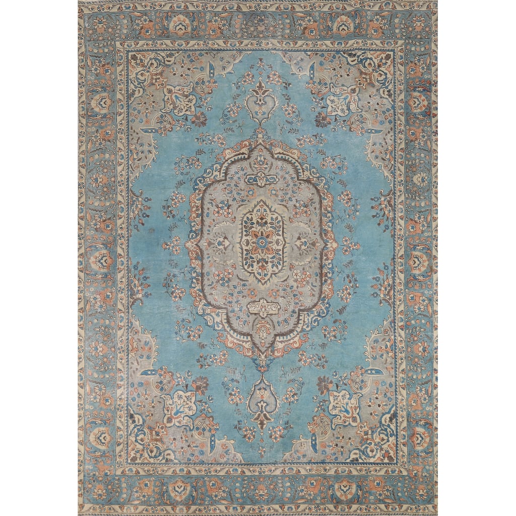 Light Blue Medallion Tabriz Persian Rug Hand-Knotted Wool Carpet - 7'9"x 11'3"