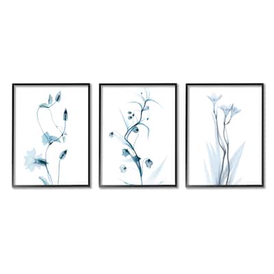 Stupell Aesthetic Minimalist Blue Botanical Floral Design Framed 3 Piece Wall Art - White