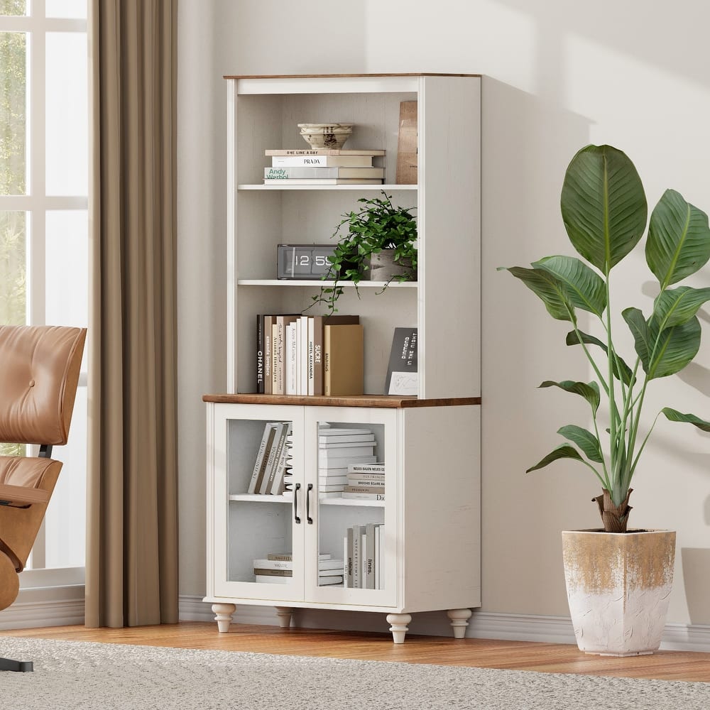 White Bookcase with Doors, Large Wood Farmhouse Book Case Shelf