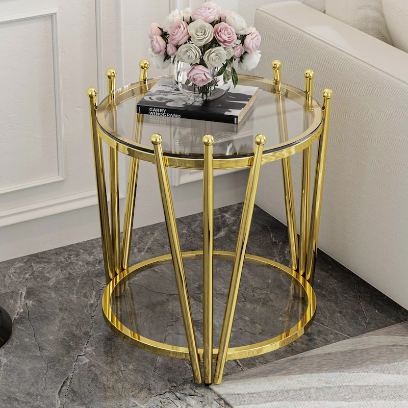 Modern Gold Round End Table with Tempered Glass Top & Crown Design for Living Room - 19.69"