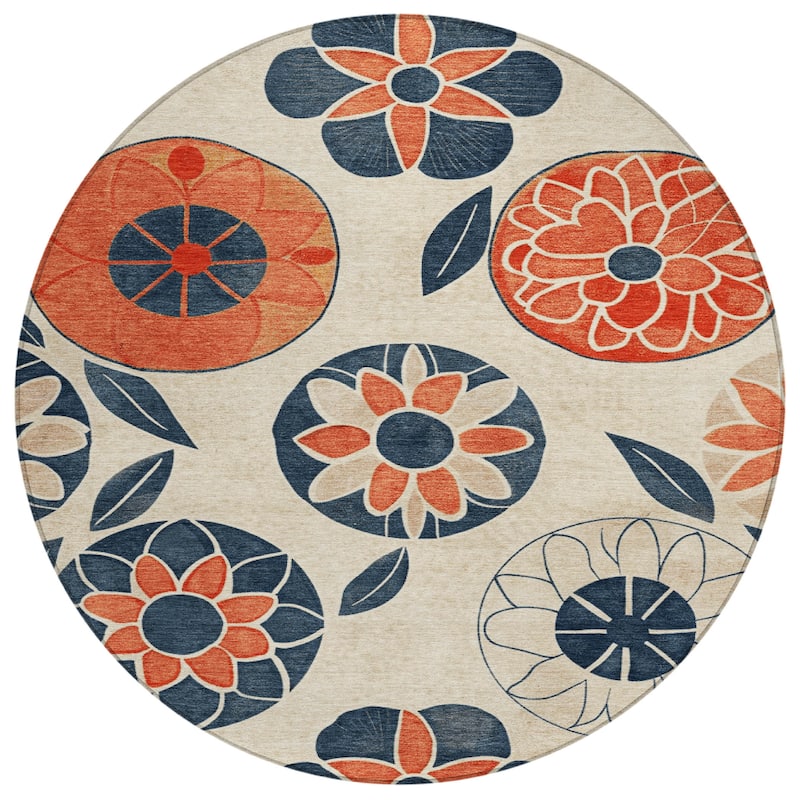 Machine Washable Indoor/Outdoor Transitional Floral Chantille Rug