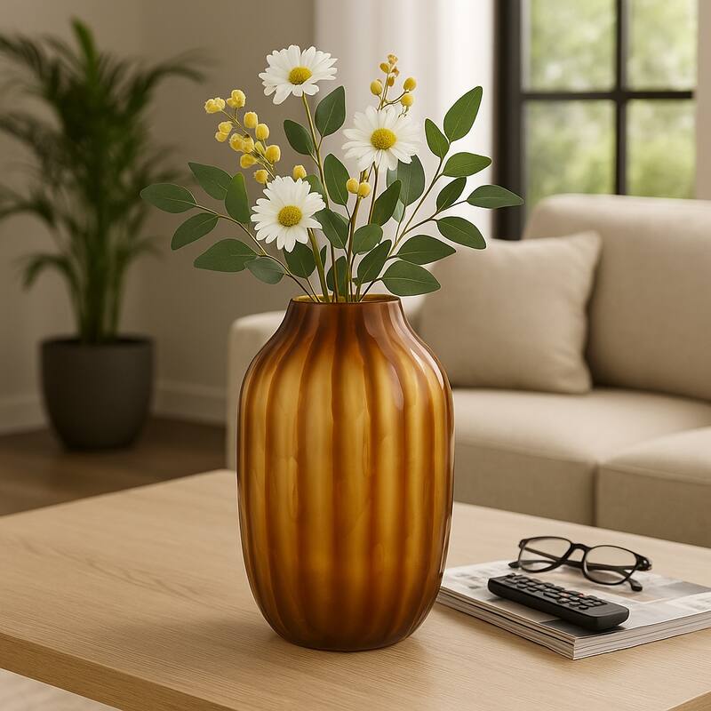 Glass Large Vertical Ribbed Decorative Vase - Brown