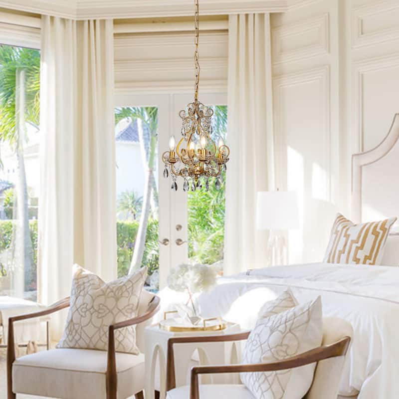 4-Lights Antique Gold Candlestick Chandelier 13in. Pendant Light with Crystal Teardrop Beads - 13 inches