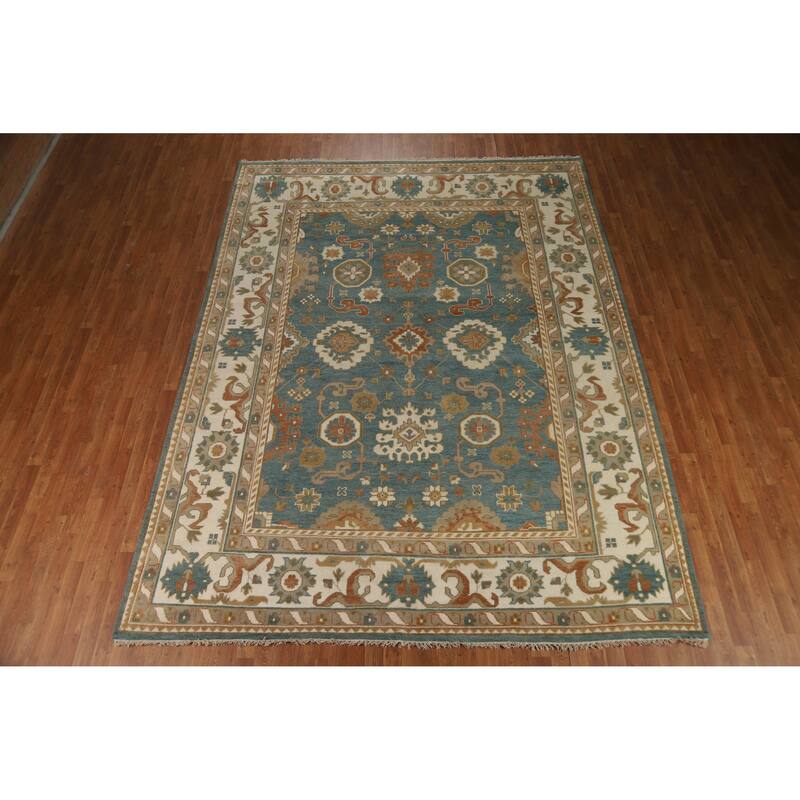 Floral Blue Oushak Style Area Rug Handmade Wool Carpet - 9'0" x 11'10"