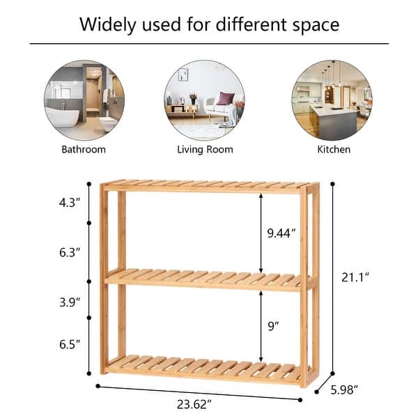 dimension image slide 1 of 2, Kinbor 3-Tier Bamboo Shelf Wall Mounted Rack Adjustable Multifunctional Storage Towel Shelves for Bathroom Kitchen Living Room