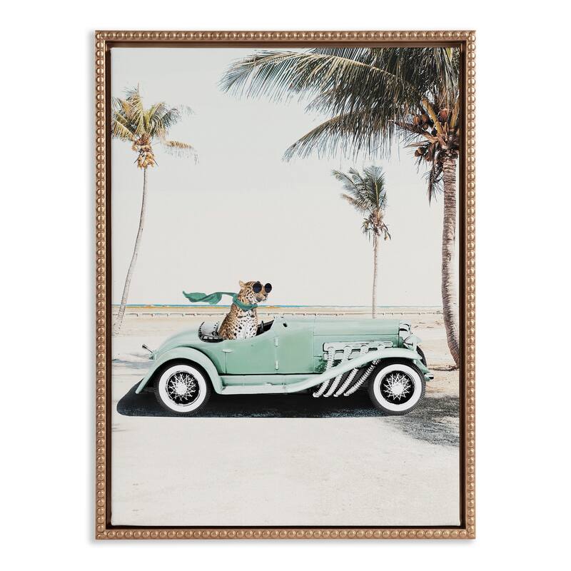 Kate and Laurel Sylvie Beaded Leopard in Car Beach Palms Framed Canvas by July Art Prints