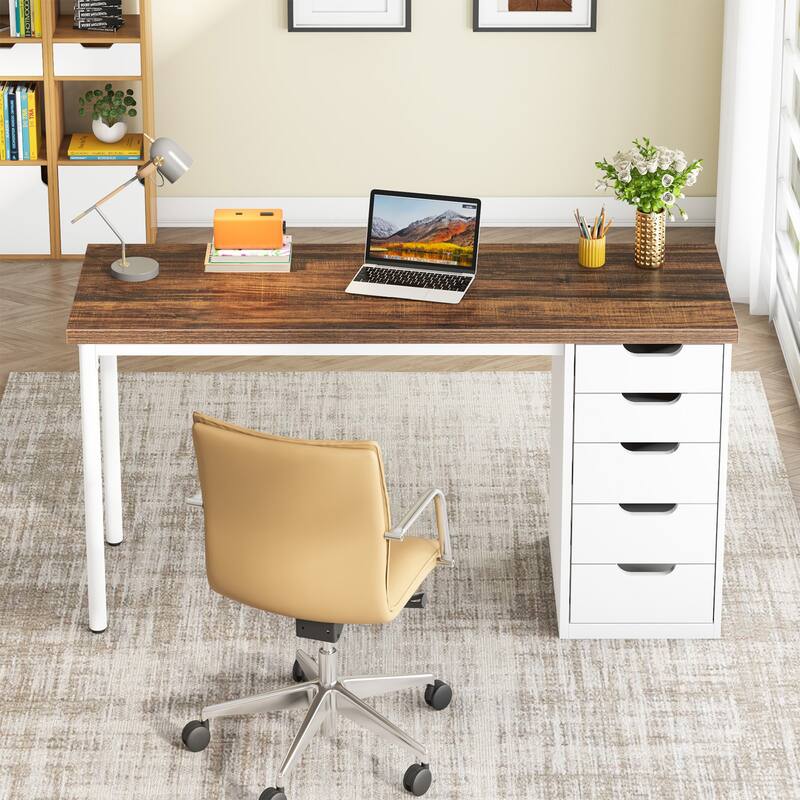 Modern Computer Desk with 5 Reversible Drawers, Storage Home Office Desk, PC/Laptop Desk, Study Writing Table Workstation