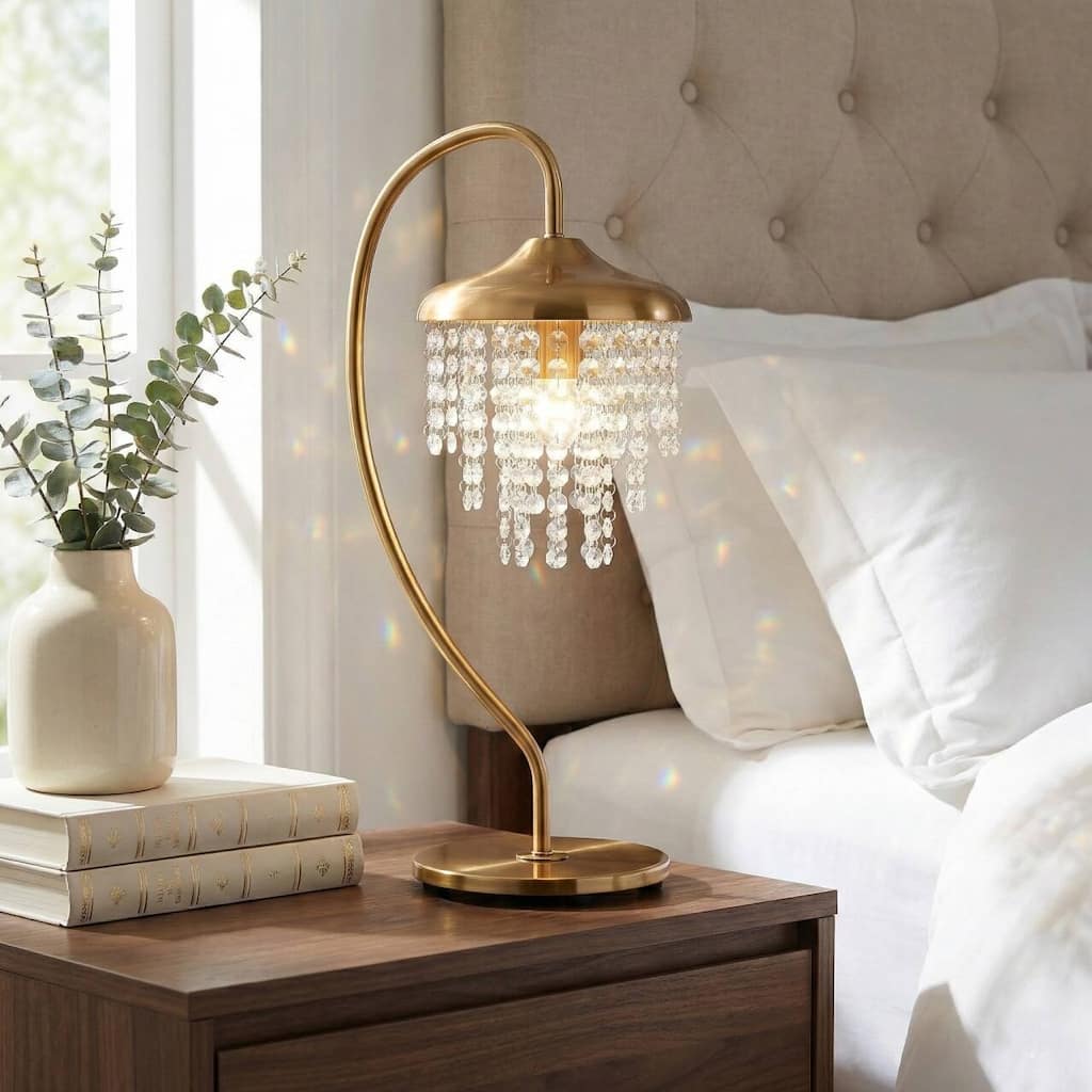 21" Modern Gold Crystal Arched Table Lamp with Dimmable Switch