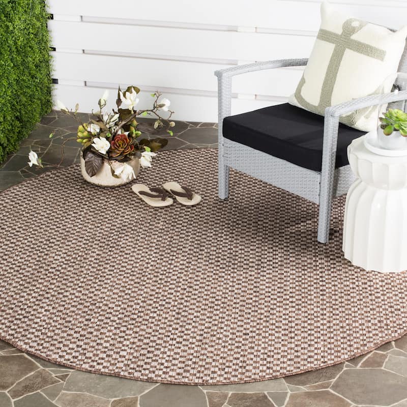 SAFAVIEH Courtyard Judi Indoor/ Outdoor Patio Backyard Rug - 6'7" x 6'7" Round - Light Brown/Light Grey