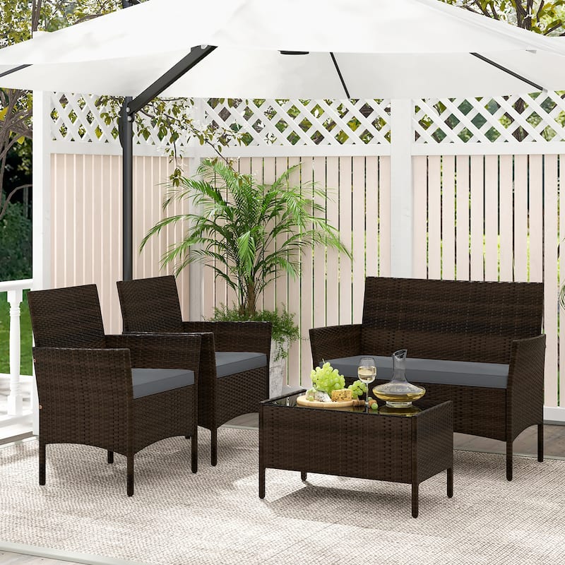 Gymax 4 Piece Patio Rattan Conversation Set Outdoor Wicker Furniture - Grey