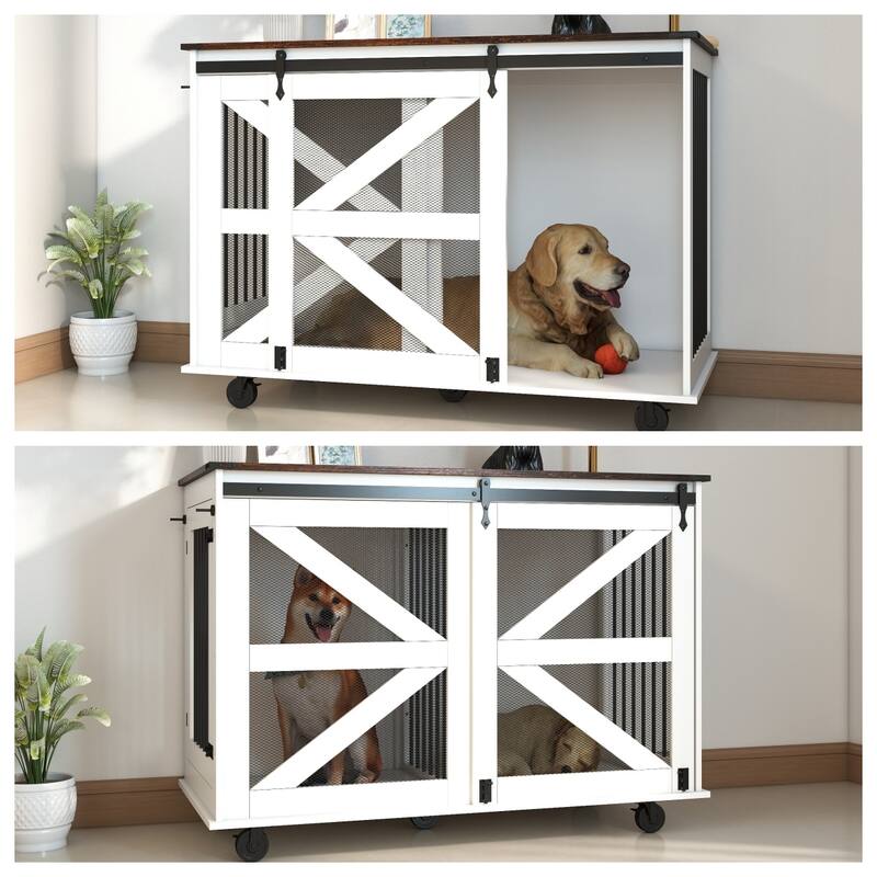 Mobile Dog Crate with Flip-Top Feeding Door, 2-in-1 Convertible Crate with 5 Casters & Side Hooks, Double Dog Crate Furniture