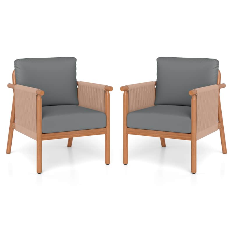 Gymax 4PCS Patio Acacia Wood Chair w/ Woven Rope Armrests & Seat Back