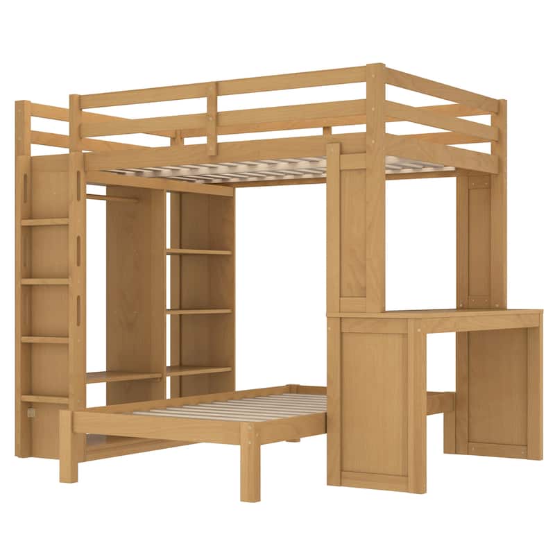 Full Over Twin Bunk Bed with Built-in Desk, Shelves and Wardrobe, Wood Bunk Bed Frame with Platform Bed and Loft Bed