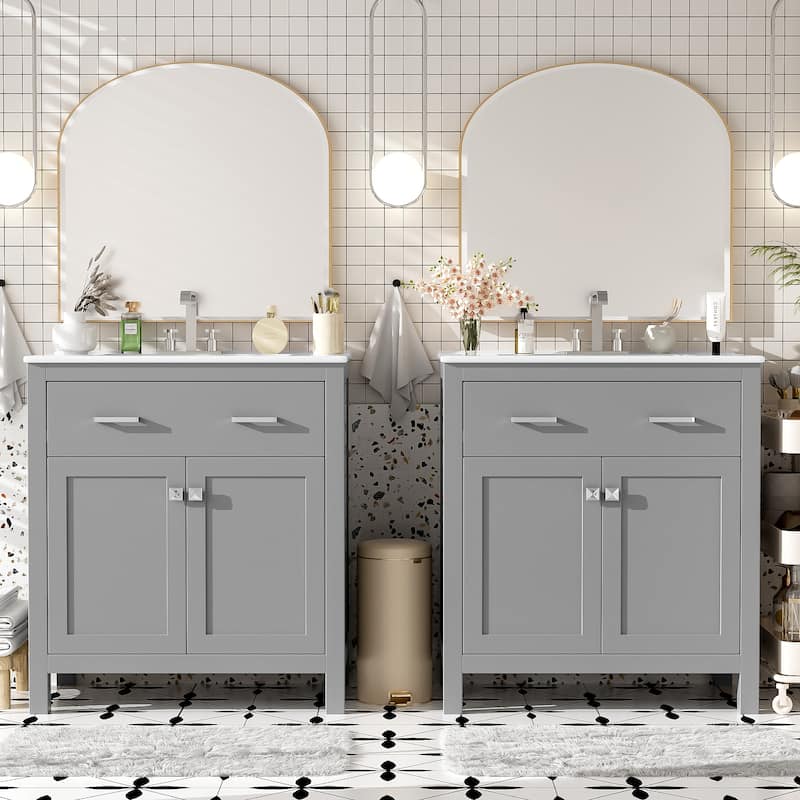 2-Piece Bathroom Vanity Set, 60" Double Ceramic Sinks Bathroom Vanity Cabinets
