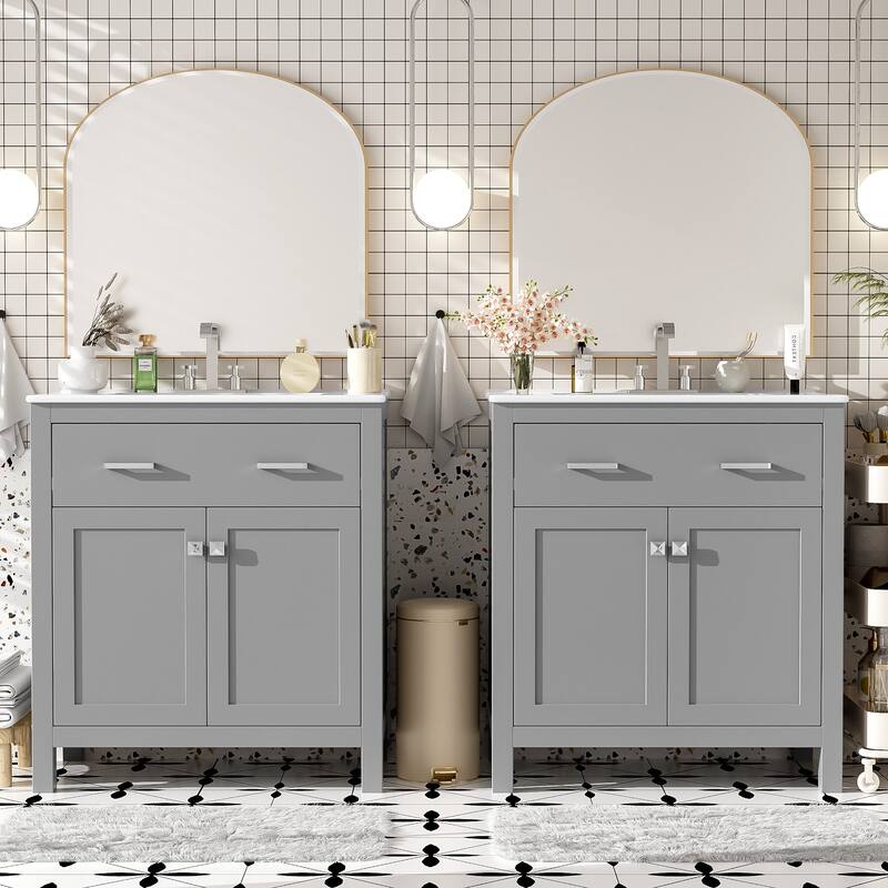 Set of 2 Vanity for Bathroom with Double Ceramic Sinks, 60" Modern Storage Cabinet with Flip-down Drawers and Door Organizers
