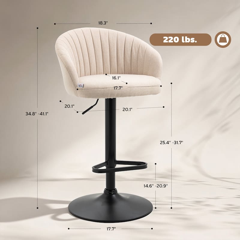 HOMCOM Adjustable Bar Stools Set of 2, Fabric Upholstered Kitchen Stools with Swivel Seat, Steel Frame, Footrest