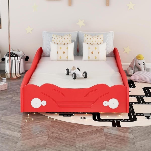 Solid Wood Twin Size Car Bed with Wheels for Kids Bedroom Bed Bath