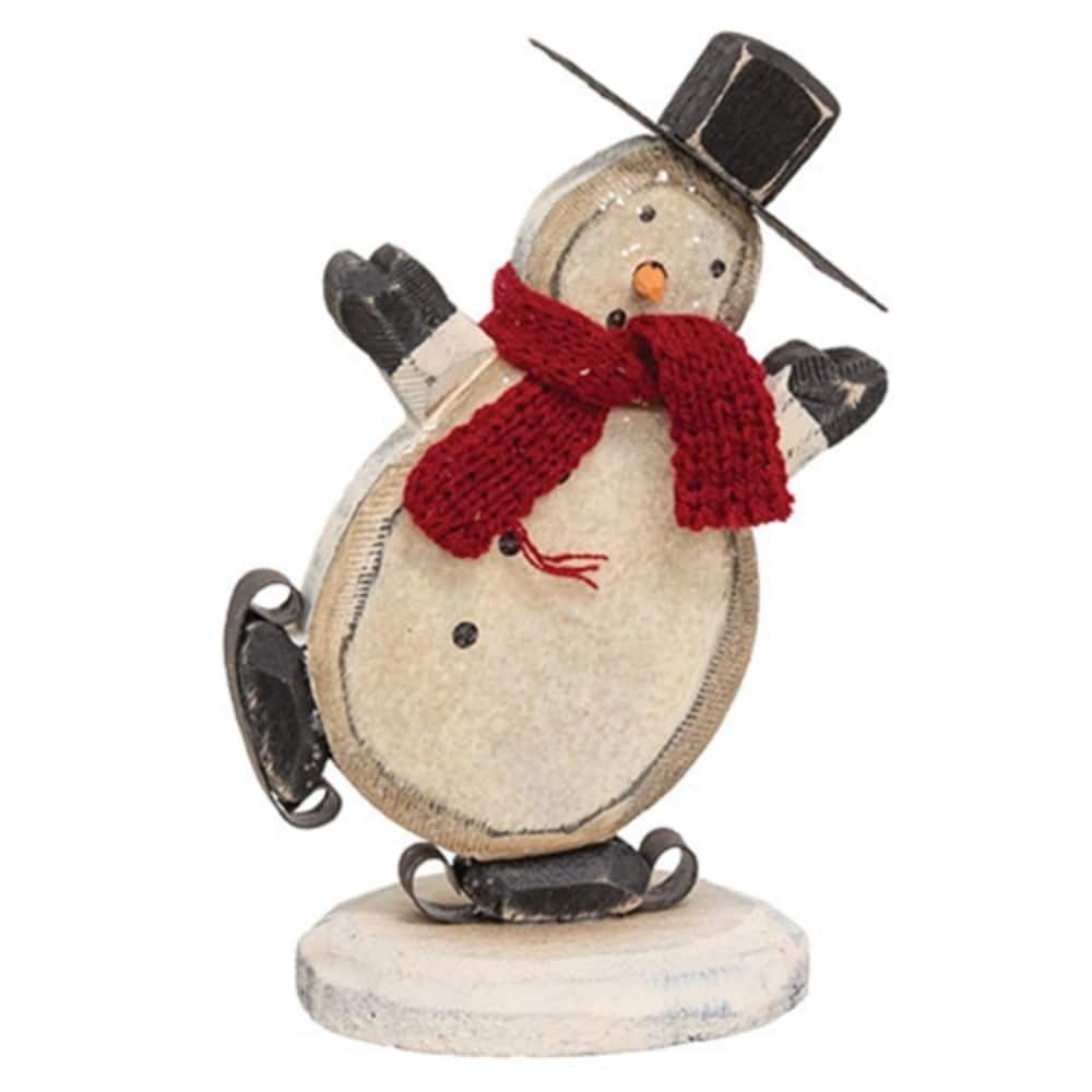 Rustic Distressed White Carved Wood Snowman Ornament with Ice Skates and Red Scarf Black Hat - 7" H x 4.5" W x 3" D