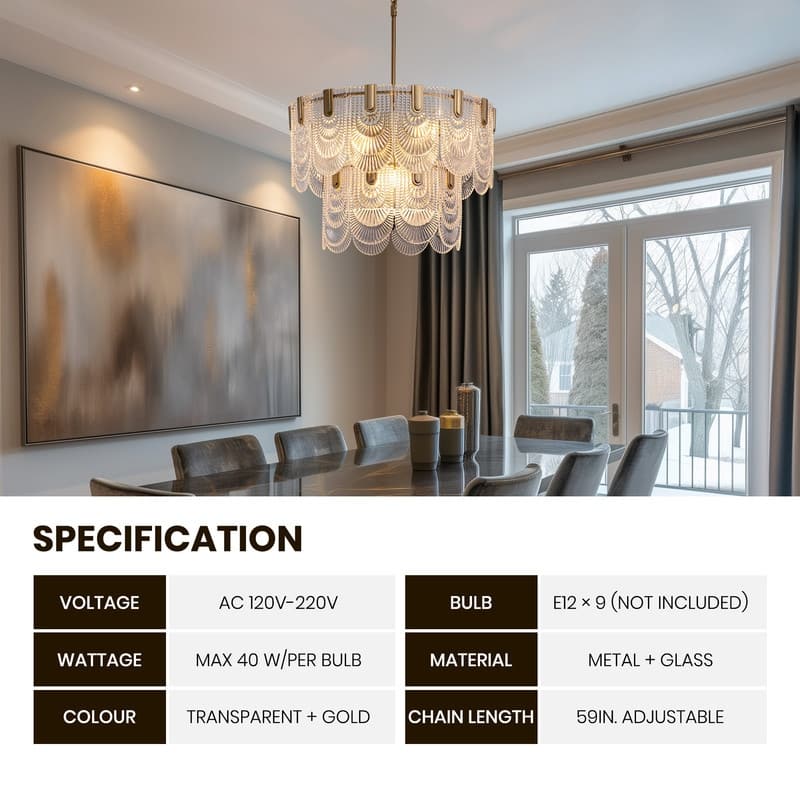 23.6 in. Modern Glam Chandelier 9-Light Gold Drum Glass Low Profile Ceiling Light for Living Room - 2-Tier chandelier