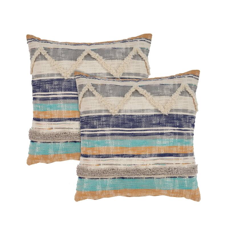 Sevita Destin Blue/Multi Striped Overtufted Cotton Throw Pillow, Set of 2