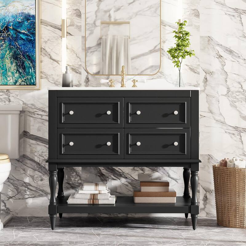 Bathroom Vanity with Ceramic Sink, Solid Wood Vanity Set with 4 Drawers, Bathroom Storage Cabinet with Open Shelf