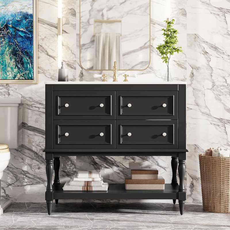 Free Standing Bathroom Vanity Cabinet with Sink, 4 Drawers, Solid Wood Frame, Silver Metal Knobs and Large Open Storage Shelf - Black