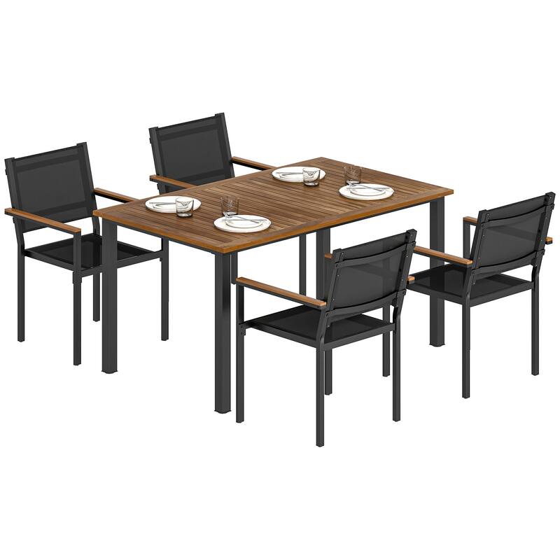 Outsunny 5 Piece Outdoor Dining Set, Outdoor Table and Chairs for 4, 59" Rectangular Acacia Wood Tabletop, Teak