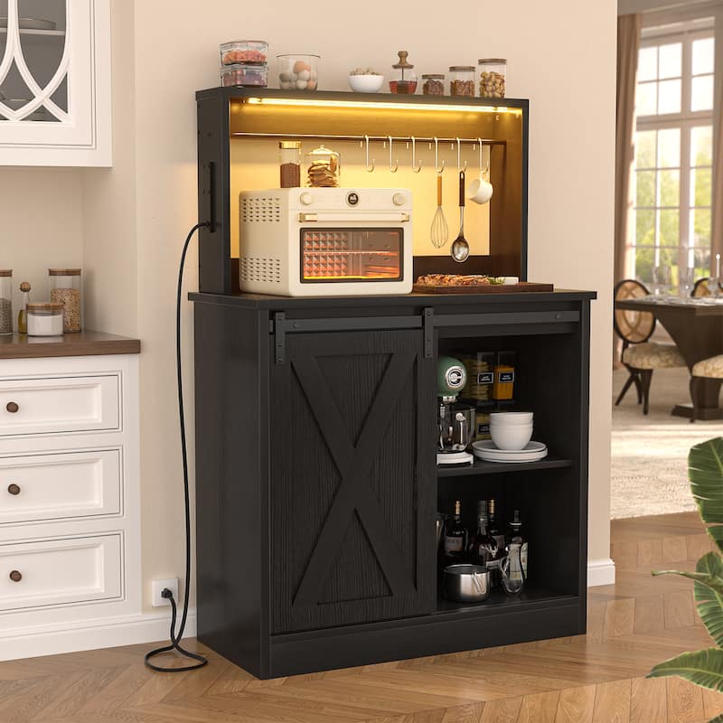 Farmhouse Wine Bar Cabinet with Barn Door & Charging Station,Sturdy Buffet Coffee Bar Cabinet with LED Lights & Hutch