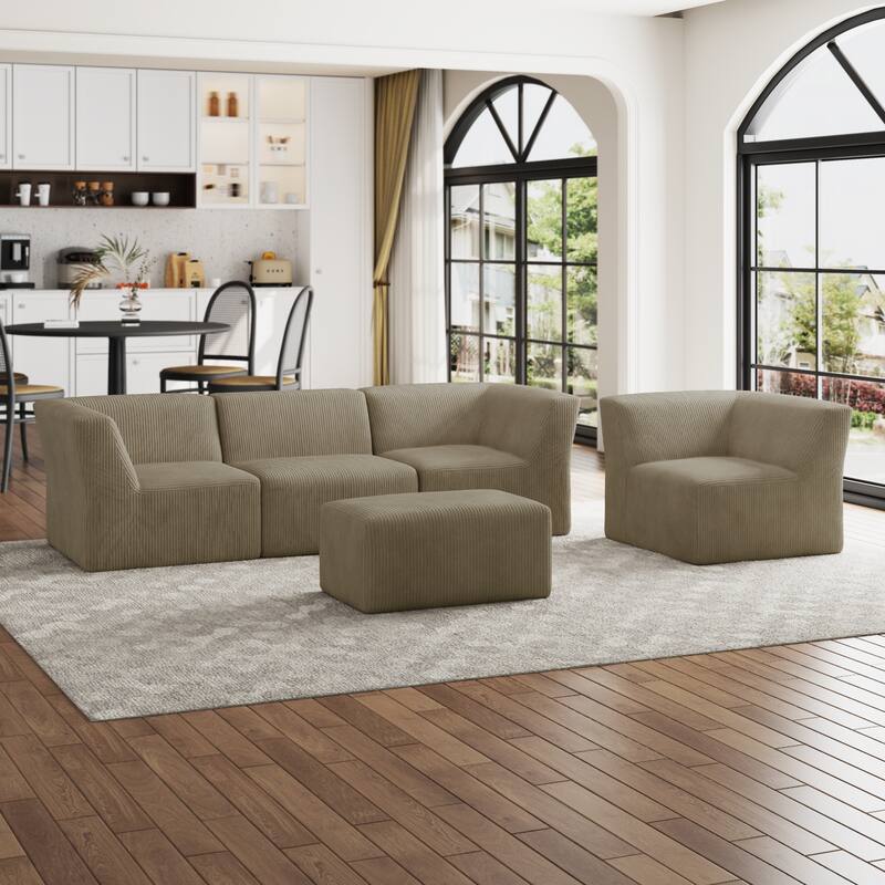 5-Pieces Modular Corduroy Sectional Sofa with Removable Ottoman - KHAKI