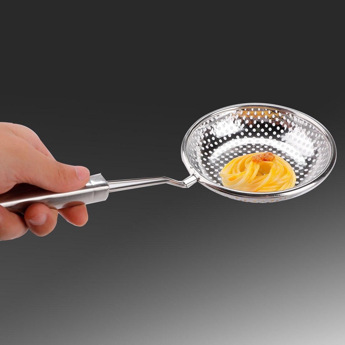 Home Kitchen Cookware Silver Tone Stainless Steel Perforated Ladle Colander 14/"