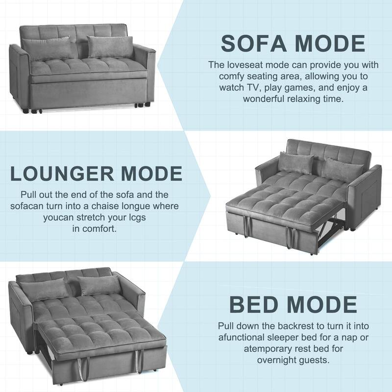 3 in 1 Convertible Sleeper Sofa Bed Pull Out Couch Adjustable Backrest Velvet Loveseat Futon Sofa with Pillows