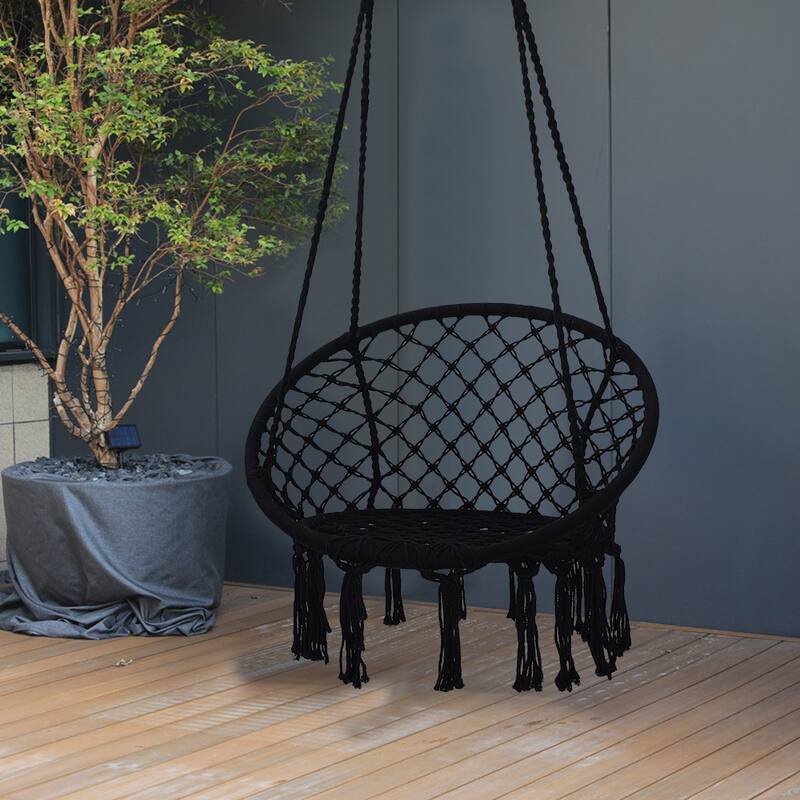 Topcraft Black Hanging Metal Frame Cotton Rope Lace Swing Chair Bed