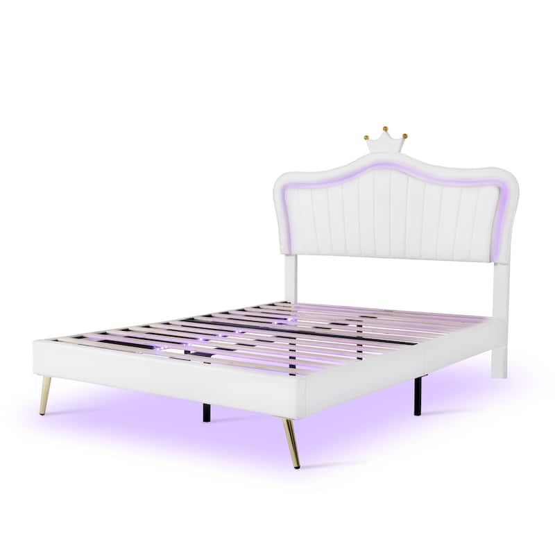 Upholstered Princess Bed with LED Lights - White - Queen