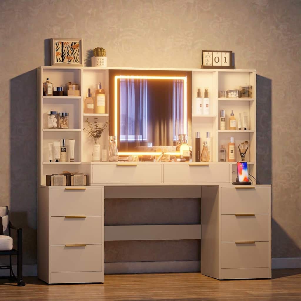 59" Makeup Vanity Desk with Mirror and LED Lights, White Dressing Table with 8 Drawers and Open Storage