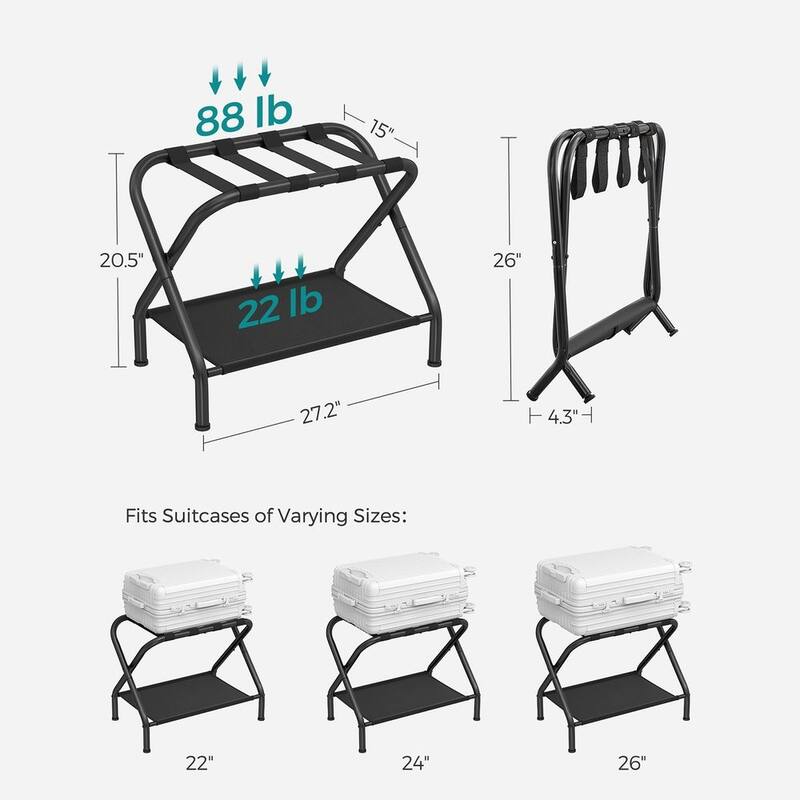 Foldable Steel Luggage Rack with Nylon Straps and Bottom Shelf for Guest Room or Hotel Use