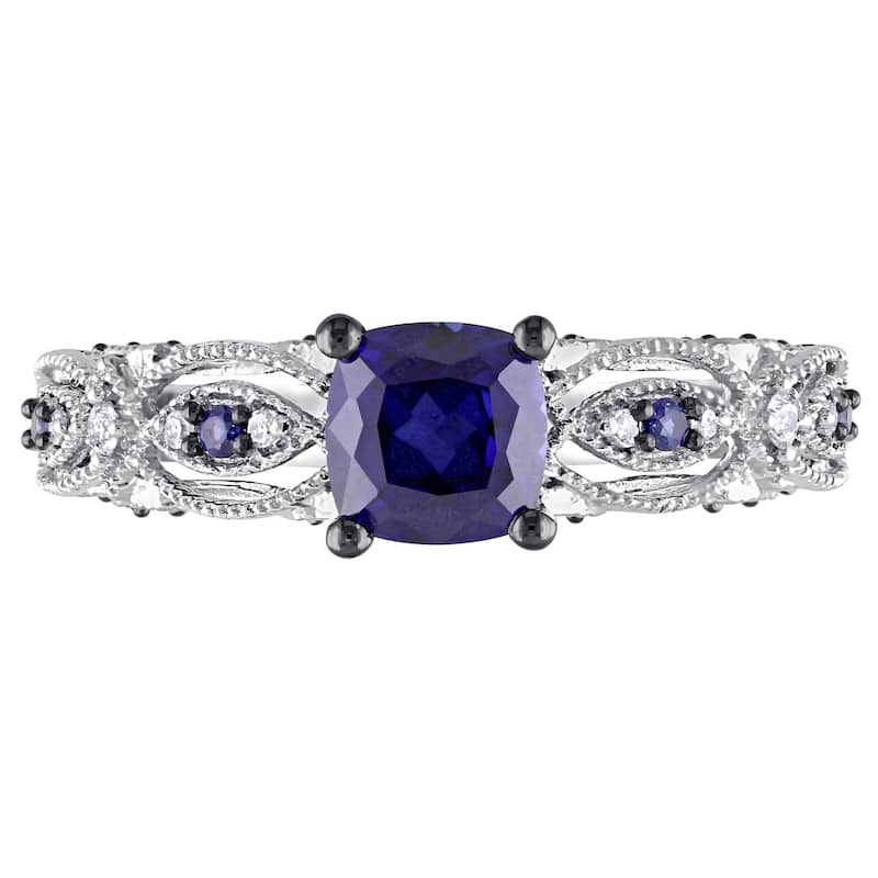 Cushion-cut Created Blue Sapphire and Diamond Vintage Infinity Engagement Ring in 10k White Gold by Miadora